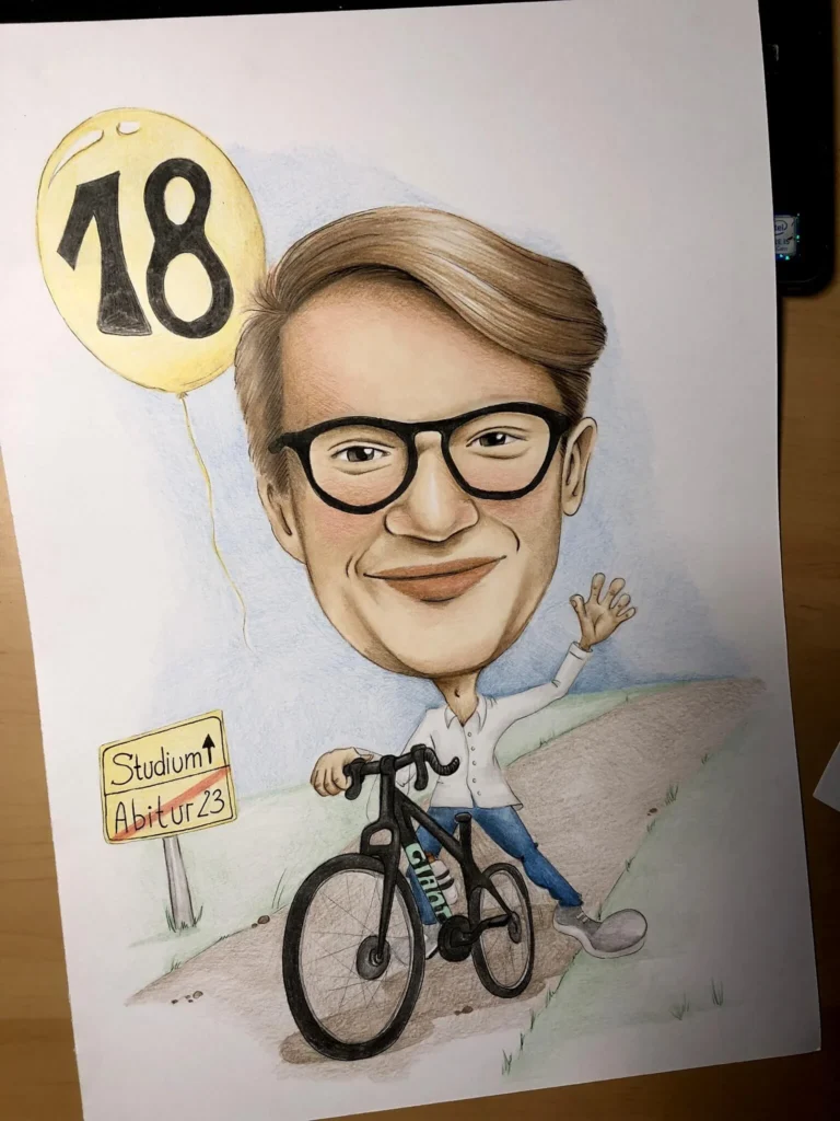 Karykatura na 18 urodziny – chłopak na rowerze