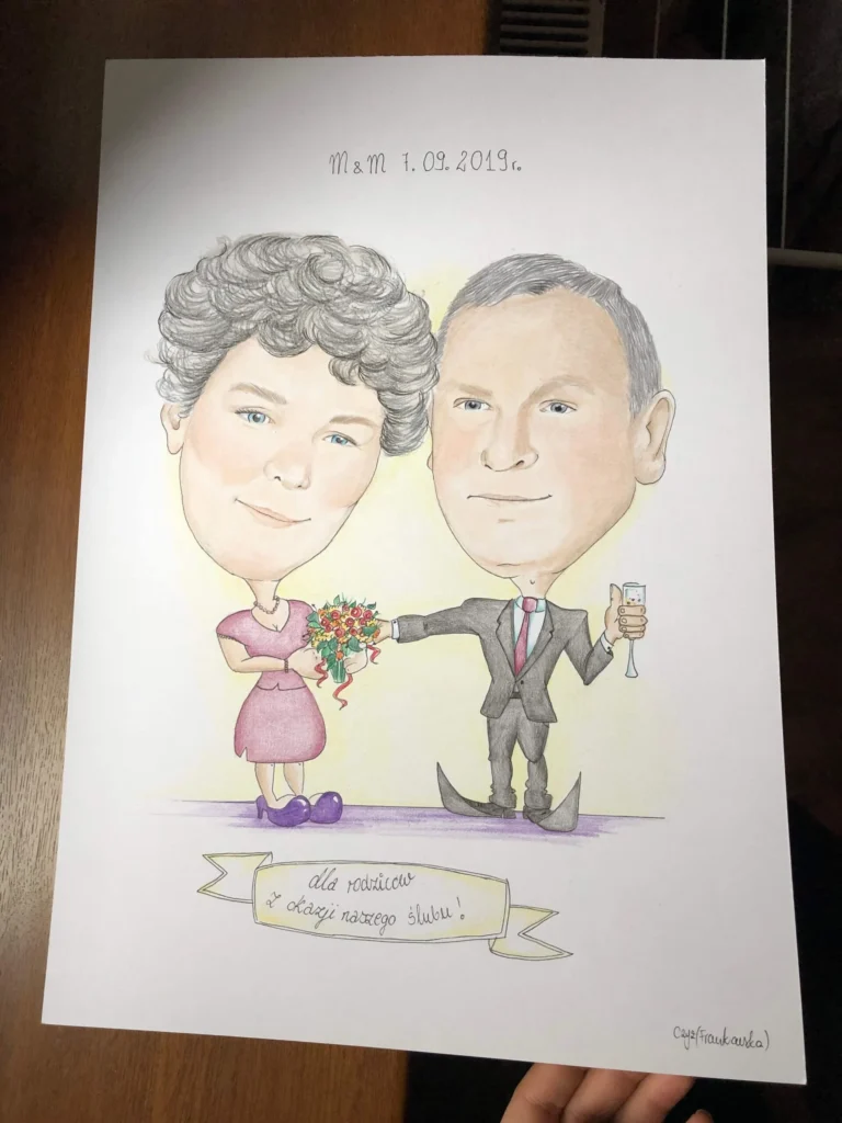 Karykatura starszej pary na rocznicę ślubu