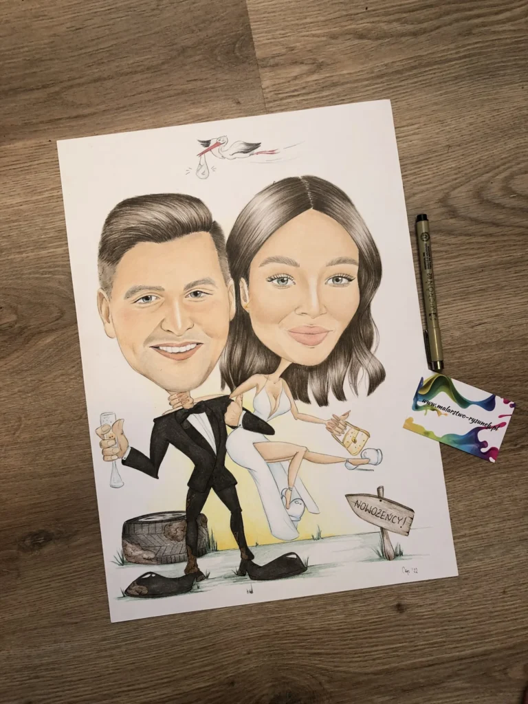 Kolorowa karykatura pary młodej w tanecznej pozie z drogowskazem