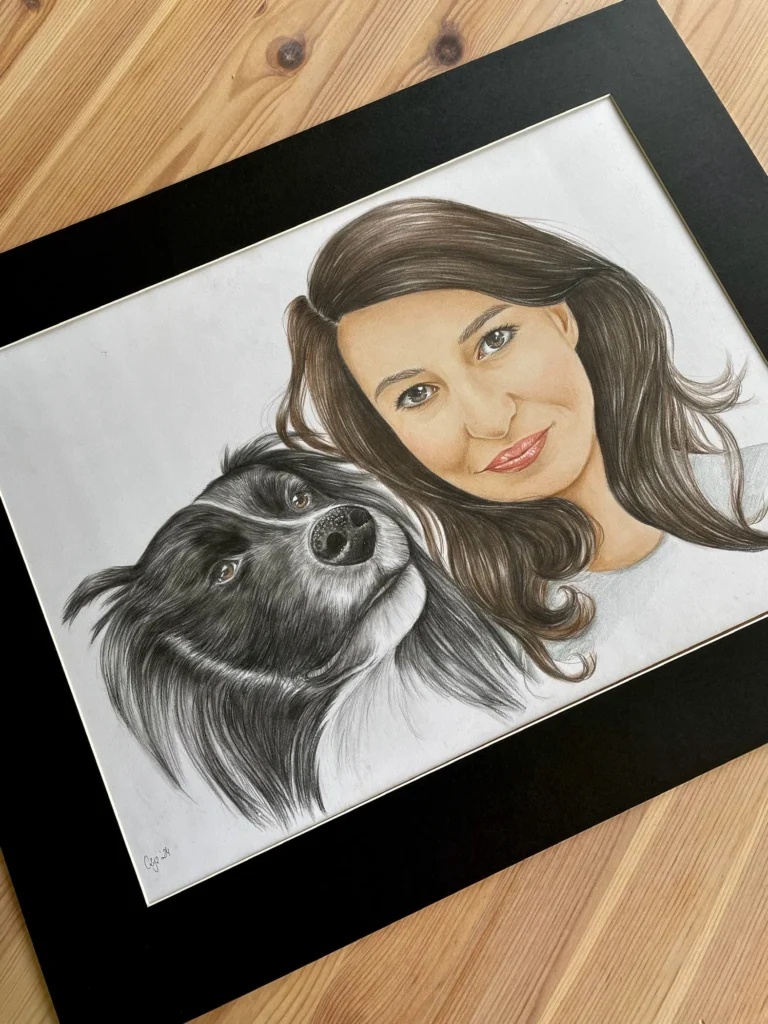Portret kobiety z psem rysowany ołówkiem